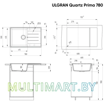 Кухонная мойка Ulgran Quartz Prima 780 (01 жасмин) картинка 2